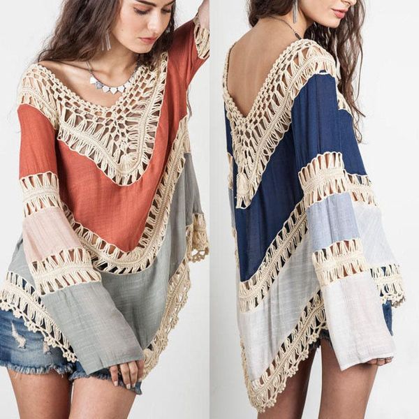 

women's blouses & shirts fashion lace crochet loose long sleeve v-neck shirt casual hollow out knitwear, White