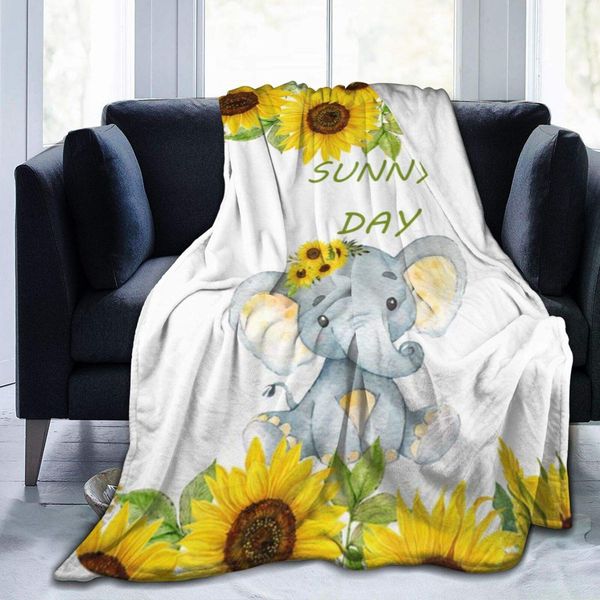 

Sunny Day Cute Elephant Yellow Sunflower Sofa Throw Blanket Flannel Super Soft Fleece beach picnic Bedspread Home Decor All