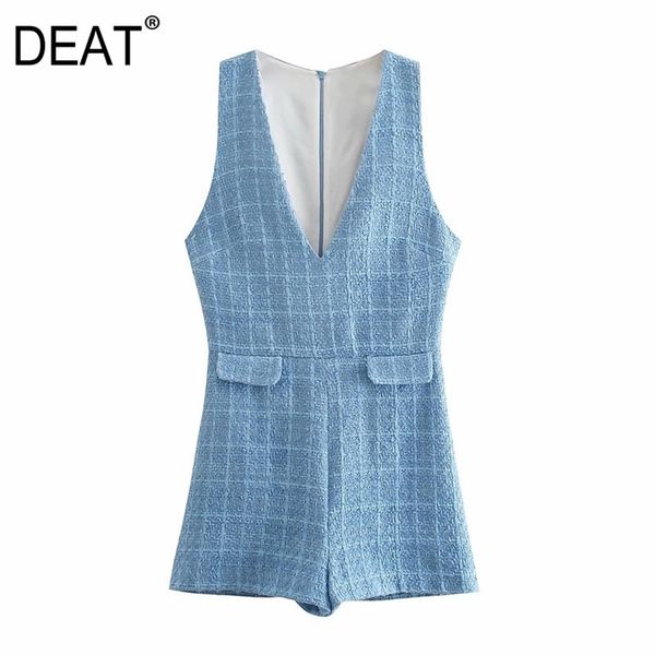 

[deat] spring autumn fashion loose fit lattice high waist v-neck sleeveless casual women's jumpsuit 13c241 210527, Black;white