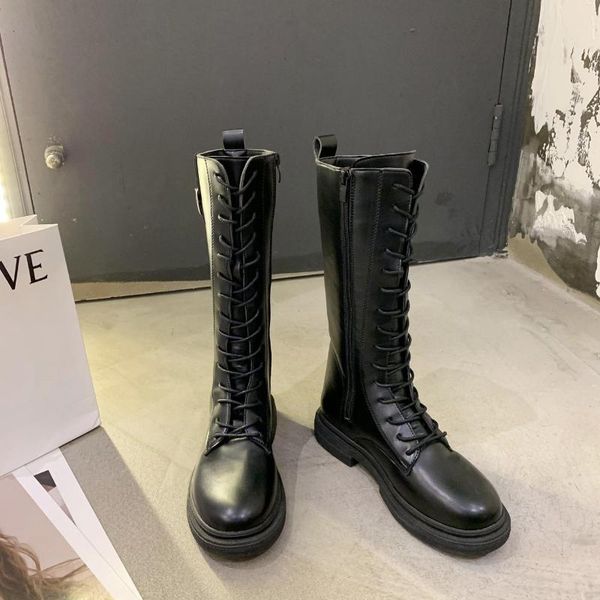 

boots women's 2021 winter british style handsome tall warm long fashion all-match flat-bottomed women, Black