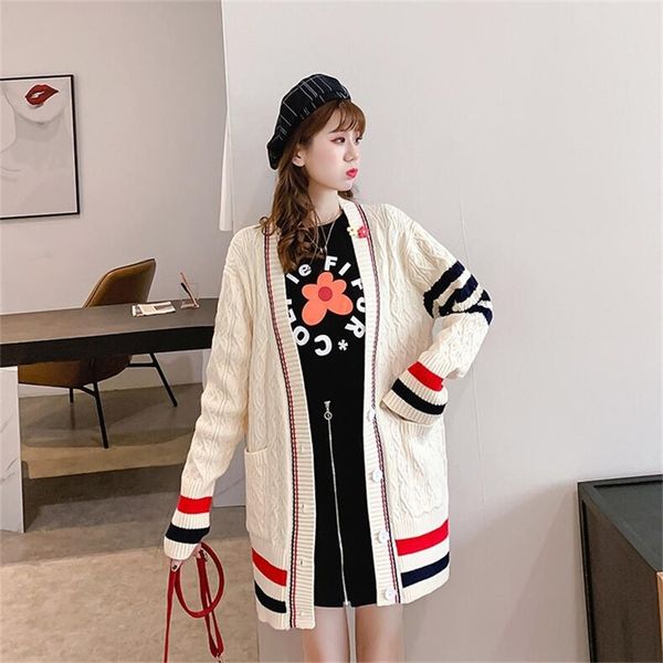 

women's sweater autumn and winter cardigan solid color long-sleeved pocket loose single-breasted v-neck wear 210427, White;black