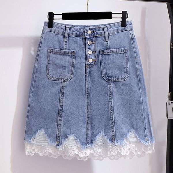 

skirts women jeans high waist lace patchwork mini 2021 summer streetwear bottom a-line blue denim skirt 3251, Black