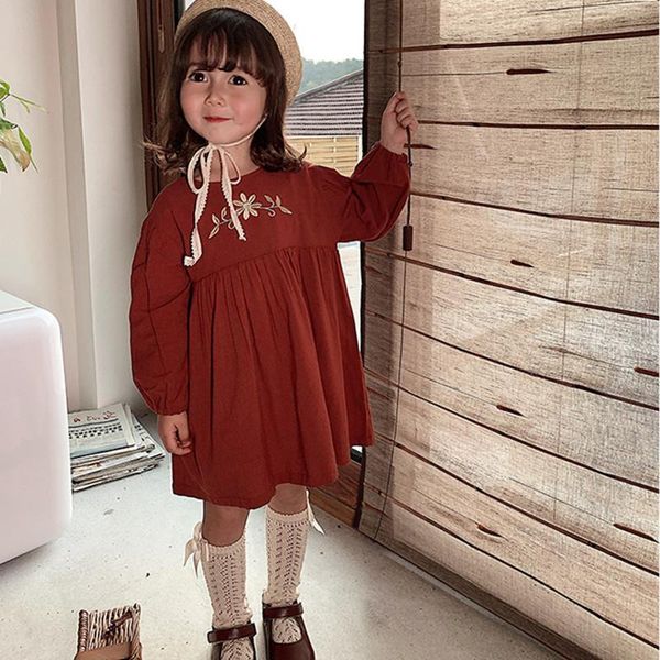 

girl's dresses 2021 spring arrival toddler girls long sleeve embroidery princess dress 100% cotton solid a-line 2-7yrs kids clothes, Red;yellow