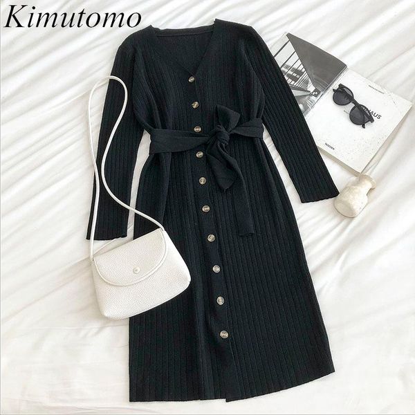 

casual dresses kimutomo women v-neck knitted dress korea fashion female lace up slim waist single breasted solid elegant vestidos mujer, Black;gray