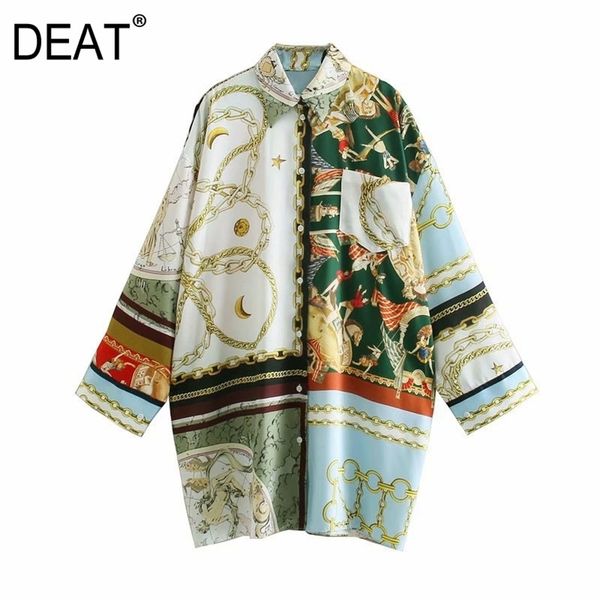 

[deat] spring fashion turn-down collar printing single-breasted long sleeve loose shirt women big size 13c230 210527, White