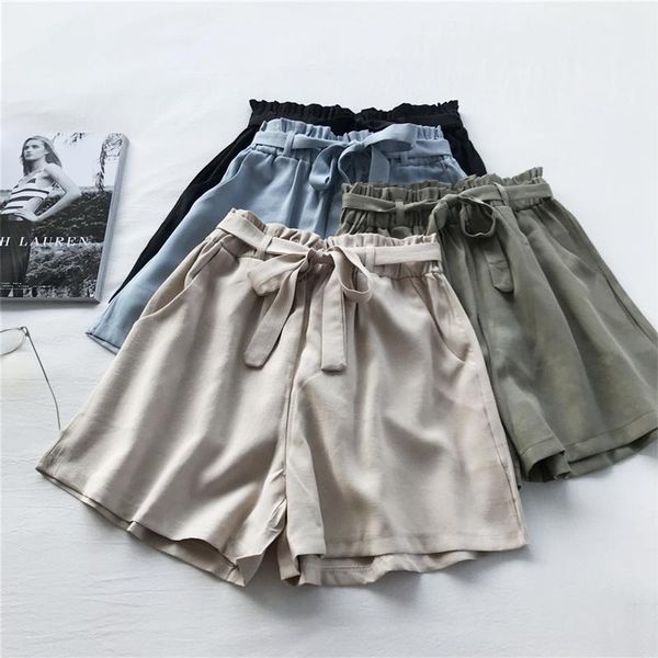 

women's shorts daily apparel female 2021 summer fashion casual korean high elastic waist bow wide leg solid for women army green blue, White;black