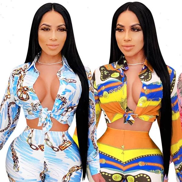 

zoctuo print two piece set women tracksuits long sleeve outfits fashion turn down collar bandage shirt trousers pants tracksuit, Gray