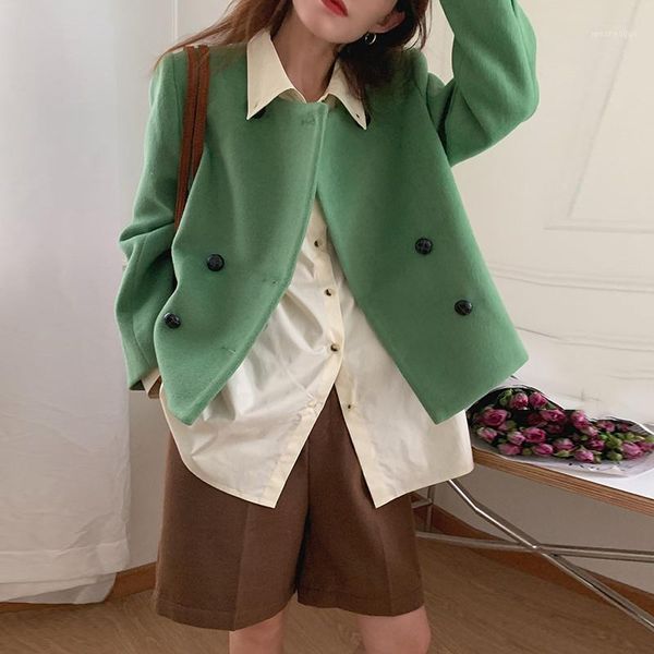

women's wool & blends [ewq] korean chic women green woolen coat o neck double breasted loose long sleeve short jacket fashion 2021 autu, Black
