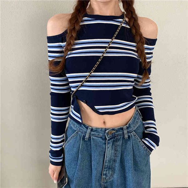 

autumn stripe long sleeve slim knitted t shirts womens tee shirt femme off shoulder (r99310) 210423, White