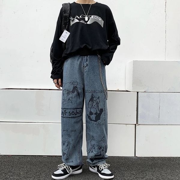 

men's pants calÃ§a jeans masculina, estampa de anime, harajuku, hip hop, solta, perna larga, casual, cintura grande, streetwear, novo gt, Black