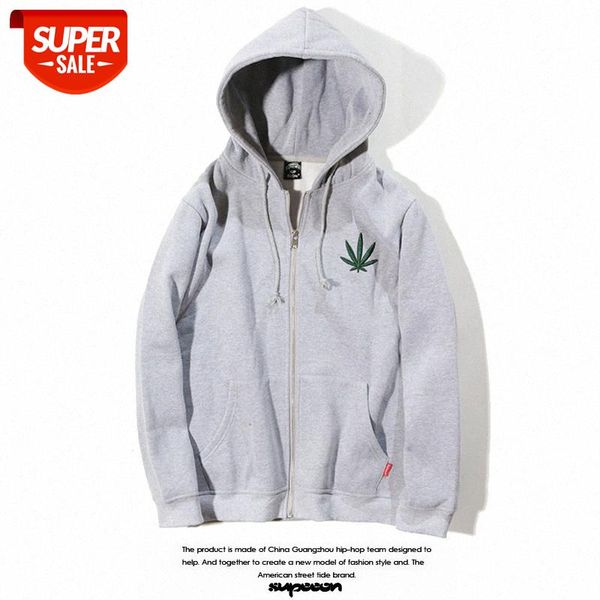 

trendy brand hemp leaf embroidery and velvet cardigan hooded sweater europe america west coast thick coat lovers loose tide #ri5y, Black