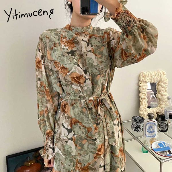 

yitimuceng vintage floral print dresses women loose fashion high waist boho long dress lantern sleeve green yellow spring 210601, Black;gray