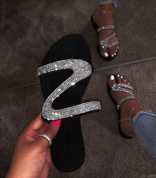 

slippers 2021 women flip flops summer crystal diamond bling beach slides sandals casual shoes slip on slipper, Black