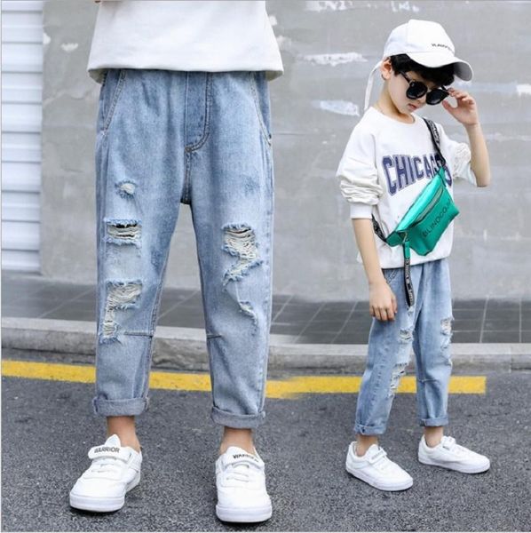 

jeans 2021 spring and autumn fashion personality boys' pierced simple solid color casual slim fit pants, Blue