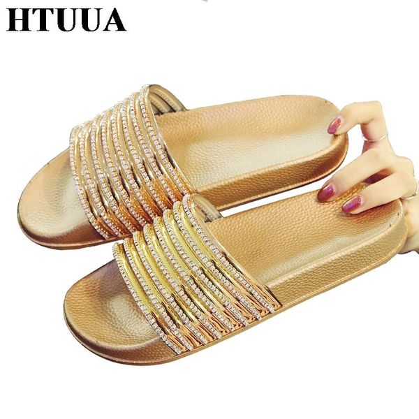 

slippers htuua 2021 fashion rhinestones bright women indoor house home beach flip flops flat shoes summer slides sx1080, Black