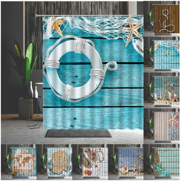 

old fashioned wood grain shower curtains starfish shell conch swimming ring sandy beach pattern bathroom curtain set with hooks