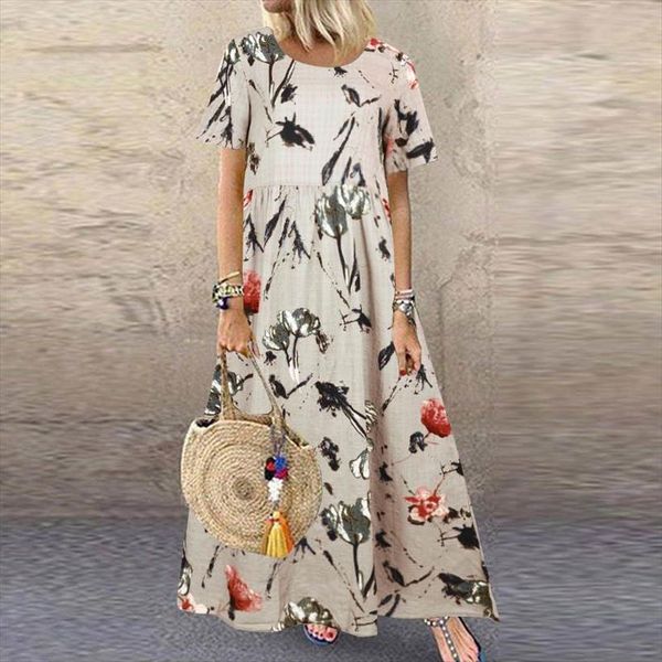 

plus size printed sundress zanzea womens dresses kaftan summer maxi casual short sleeve vestidos female floral robe femme 5xl, Black;gray