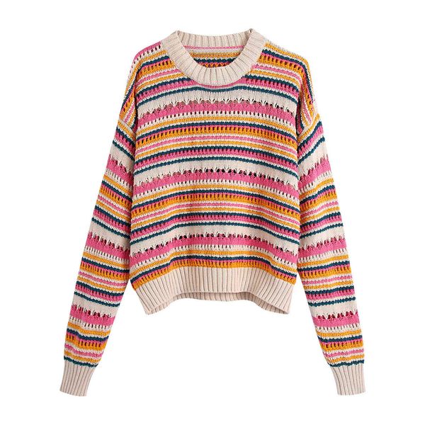 

hollow out vintage women 2021 o-neck fashion striped sweater female casual chic elegant sweater lady summer y1110, White;black