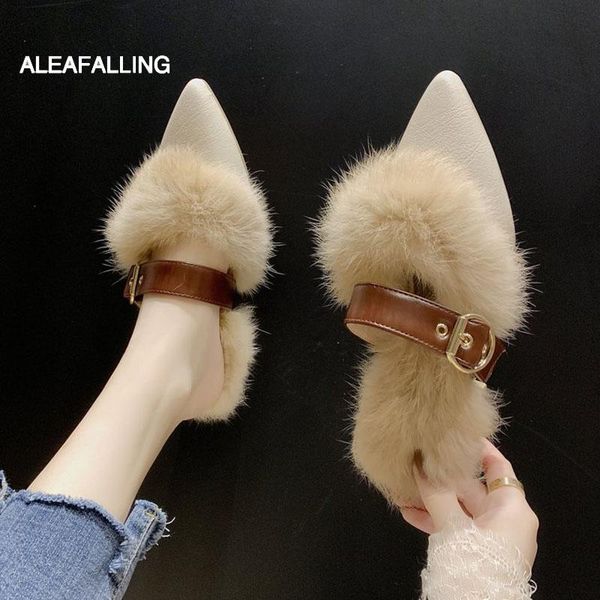 

slippers aleafalling fashion warm women's pu buckle winter outdoor pointed flip flop plush comfortably soft grils' shoes, Black
