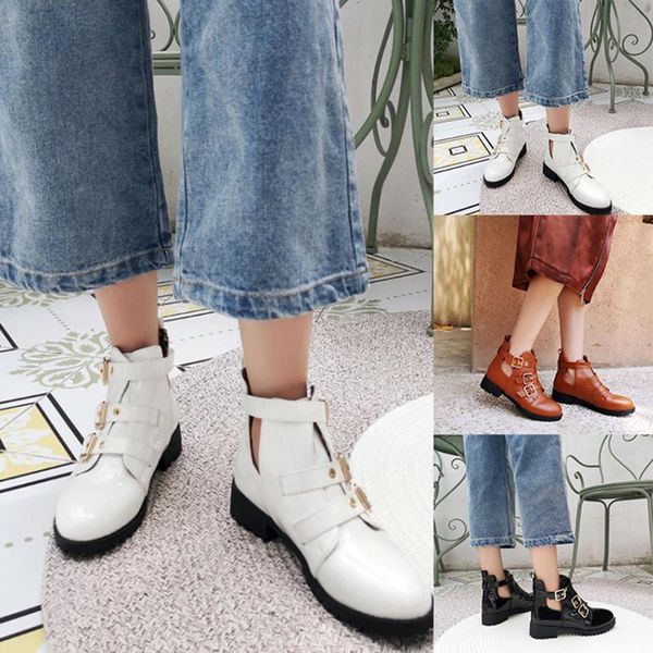 

boots ankle solid women's fashion trend wild belt buckle patent leather flat heel female square spring autumn, Black