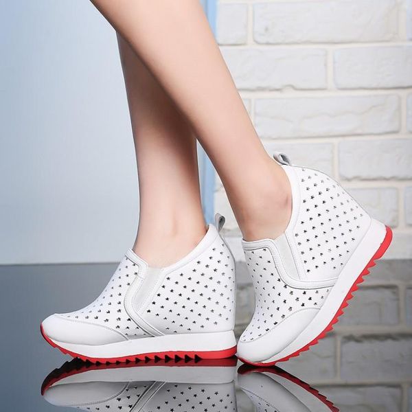 

dress shoes 2021 summer hollow out womens high heels breathable platform sneakers casual slip on wedges female footwear, Black