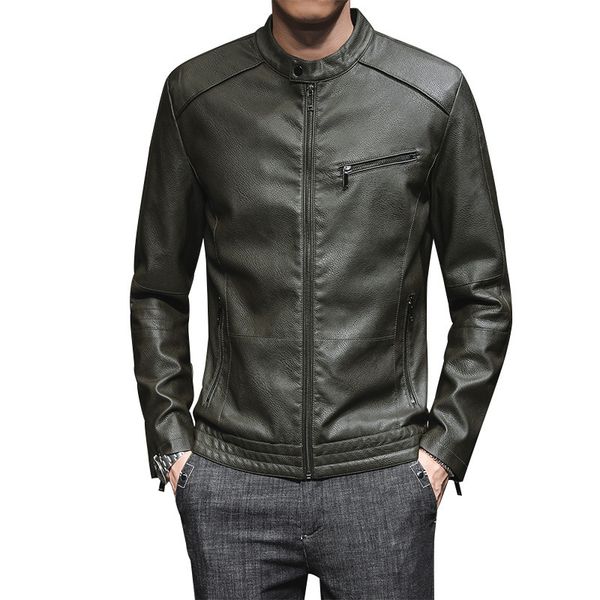 

Army green zipper round neck stitching motorcycle style men's leather jacket high-quality stand-up collar retro comfortable windproof f, Black