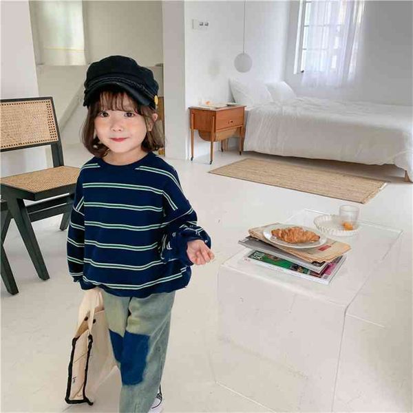 

autumn winter boys and girls loose long sleeve striped sweatshirts kids thicken casual clothes warm 210508, Black