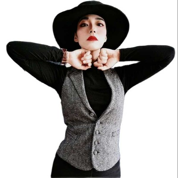 

women's vests retro tweed suit waistcoat wool slim fit warm vest business work jacket chaleco mujer, Black;white