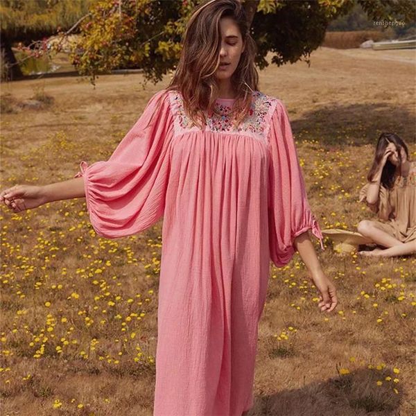 

casual dresses autumn women's dress floral embroidery boho long fashion loose chic rayon bat sleeve gothic ethnic vestidos, Black;gray