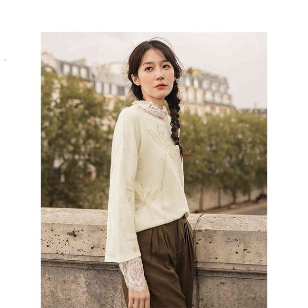 

sweater spring autumn temperament literature jacquard weave linen blending three-quarter sweater wafo, White;black