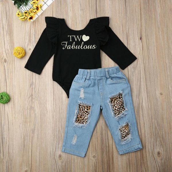 

1-6y winter toddler kids baby girl 2pcs outfit letter flying long sleeve ruffle romper + denim ripped leopard print pants clothing sets, White