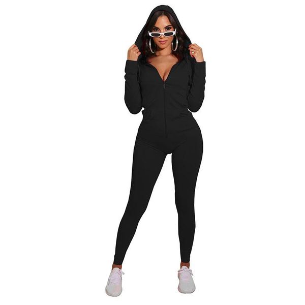 

women's jumpsuits & rompers 2021 autumn solid color jumpsuit straight hoodie collar zipper pockets slim for women playsuit, Black;white