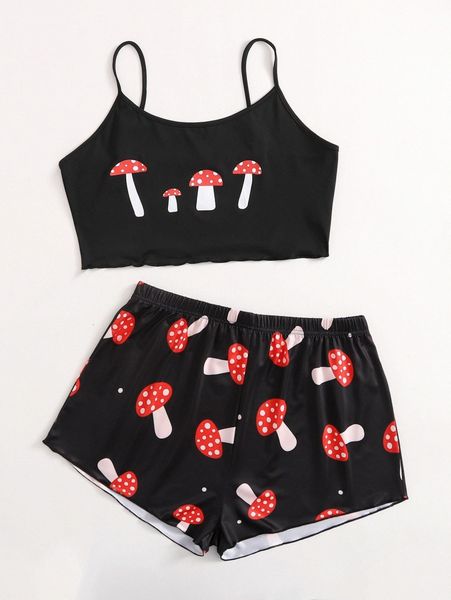 

plus mushroom print pajama set n0cf#, Black;white