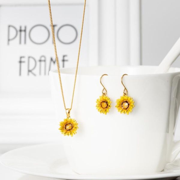 

chains french sunflower summer enamel glaze yellow necklace women gold-plated pastoral wind dripping oil jewelry female, Silver