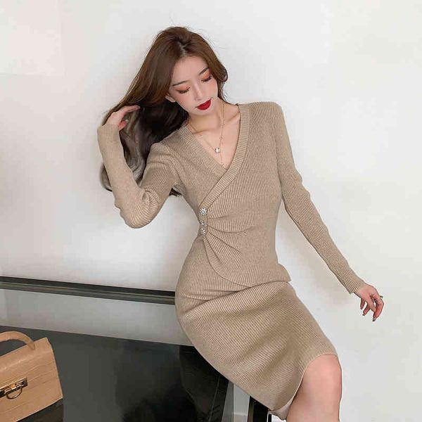 

one-piece ladies knitted sweater v-neck dress womens fall winter waist korean elegant pleated casual knit dress, Black;gray