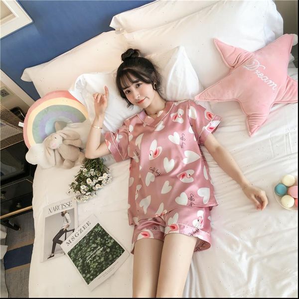 

silk pajamas short sleeve women sleepwear 2 pcs summer cool comfortable pyjama sets smooth good quality, Black;red