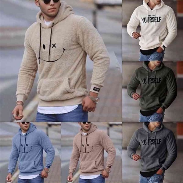 

men's autumn plush printed casual coat trend loose hooded sweater, Black