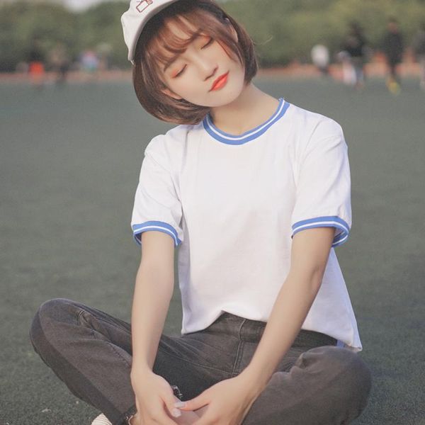 

women's t-shirt chic khaki 2021 summer pure cotton short sleeved contrast color thread round neck sweet student style loose, White