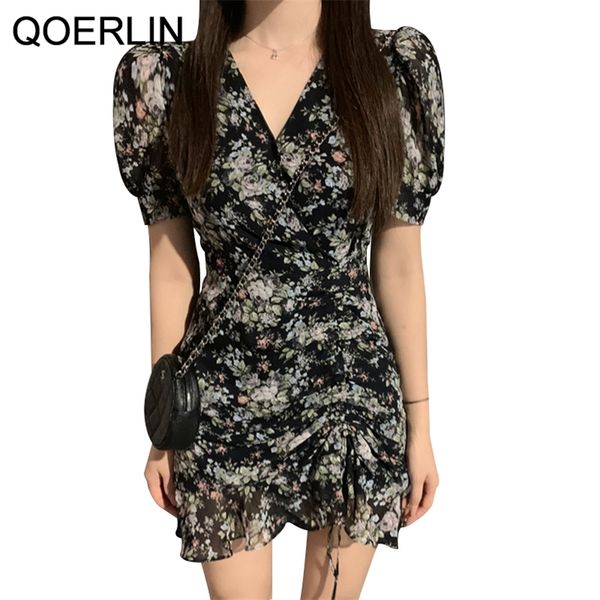 

drawstring floral print black dress high waist mini girls street v-neck snap button collar korean slim 210601, Black;gray