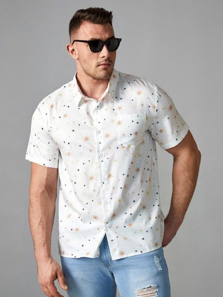 

extended sizes men star print patched pocket shirt p96s#, White;black