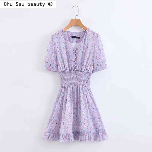 

korean summer vintage sweet girl purple floral print v-neck button ruffled elastic waist chiffon mini dress women 210508, Black;gray