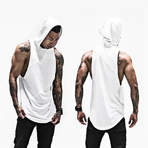 

muscleguys solid sleeveless shirt with hoody patchwork gym clothing fitness men bodybuilding stringer tank hoodies singlets 210421, White;black