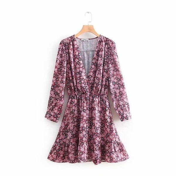 

casual dresses women v neck floral print mini dress elastic waist side zipper ruffles female vintage a line vestidos hc114, Black;gray