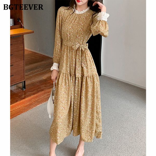 

dresses new fgteev vintage o-neck female floral long sleeve lace patchwork chiffon dress women 2021 spring loose lace-up vestidos 8feb, Black;gray