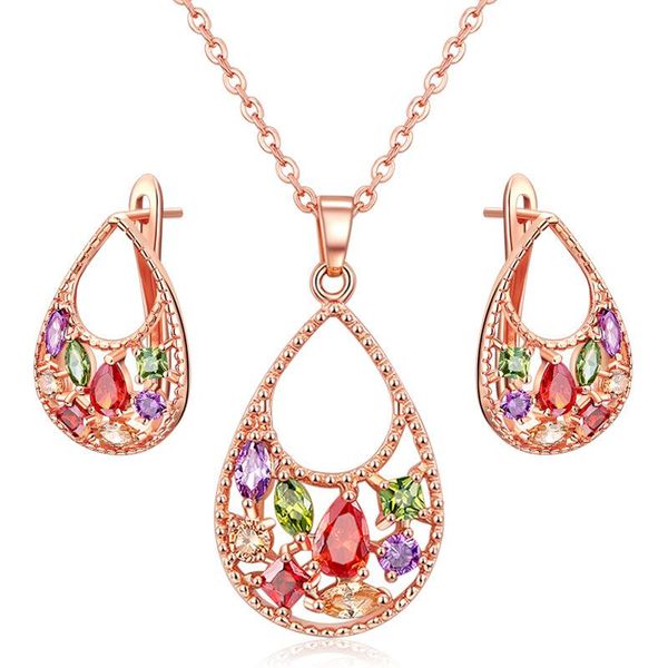 

earrings & necklace ociki rose gold color cubic zirconia bohemia colorful crystal and jewelry set for women gift drop, Silver