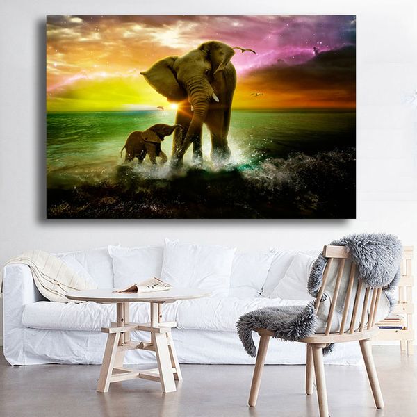Wandbild Elefanten Eltern-Kind auf Meer Sonnenuntergang Landschaft Ölgemälde Druck auf Leinwand Bilder Home Decor