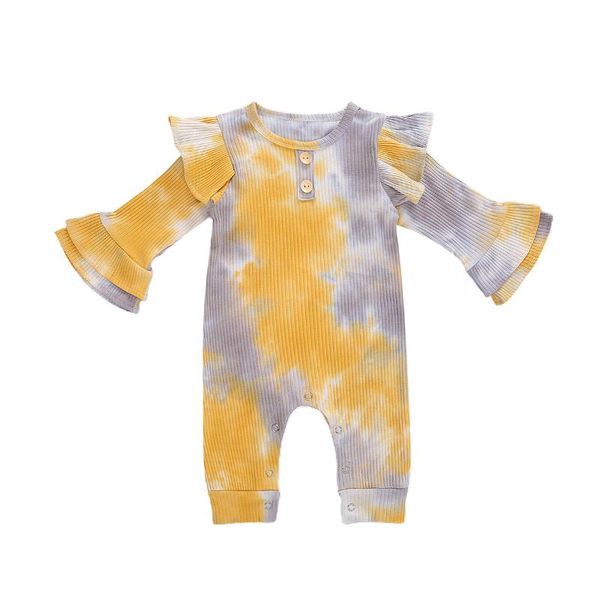

born baby boy girl long sleeve romper tie-dye print round neck flare jumpsuit toddler kids cotton ribbed 0-24m jumpsuits, Blue