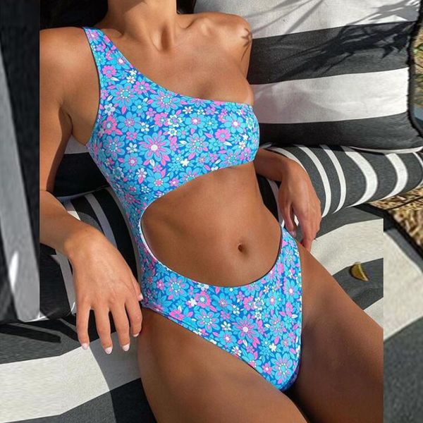 

one-piece suits floral print hollow out women swimwear bikini 2021 one piece summer brazilian bodysuit swimsuit push up beach wear mono