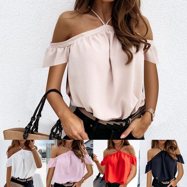 

women's blouses & shirts women fashion solid color blouse halter short sleeve chiffon off shoulder backless summer causal top, White