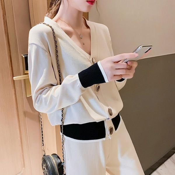 

women knitting 2-pieces sweater suit hem block color v-neck single-breasted cardigan wide leg pants lady spring tracksuit sets women's, White